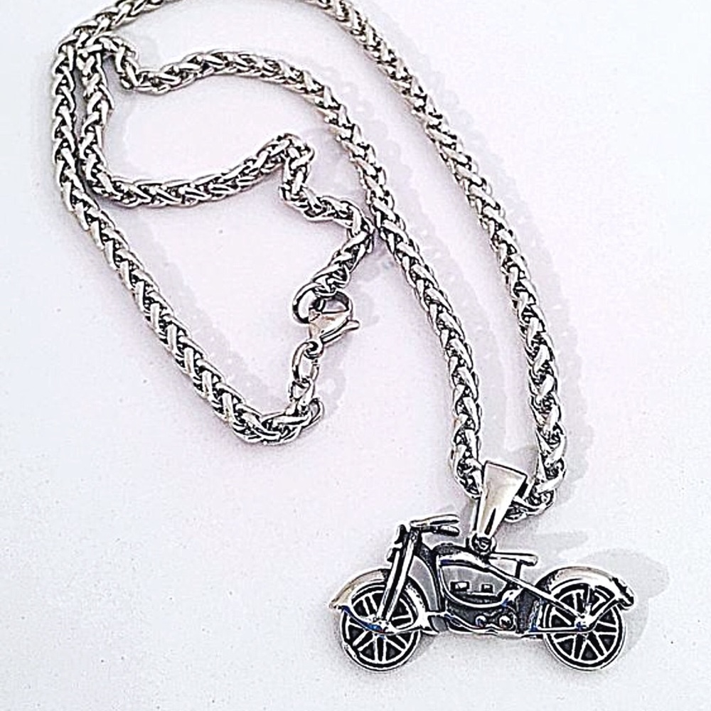 Motorcycle Necklace in Stainless Steel Wheat Chain